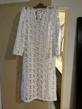 White Floral Lace V-Neck Midi Dress by Anthropologie